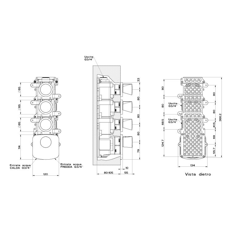 Immagine di Gessi CONO miscelatore incasso termostatico alta portata, attacchi da 3/4", installazione verticale/ orizzontale a tre uscite indipendenti, finitura copper PVD 45236#030