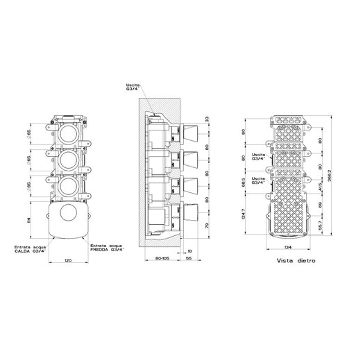 Immagine di Gessi CONO miscelatore incasso termostatico alta portata, attacchi da 3/4", installazione verticale/ orizzontale a tre uscite indipendenti, colore nero finitura opaco 45236#299
