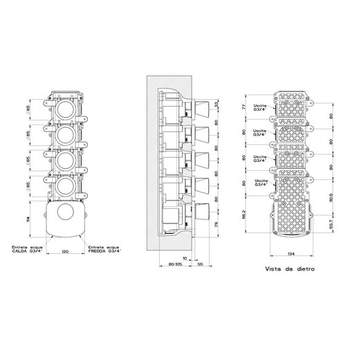 Immagine di Gessi CONO miscelatore incasso termostatico alta portata, attacchi da 3/4", installazione verticale/ orizzontale a quattro uscite indipendenti, finitura cromo 45238#031