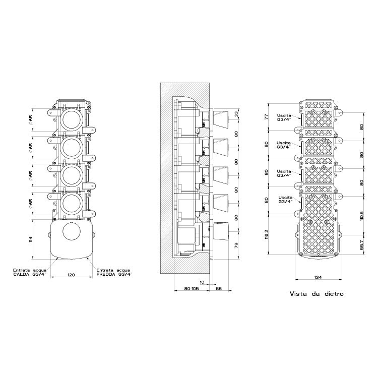 Immagine di Gessi CONO miscelatore incasso termostatico alta portata, attacchi da 3/4", installazione verticale/ orizzontale a quattro uscite indipendenti, finitura black metal PVD 45238#706