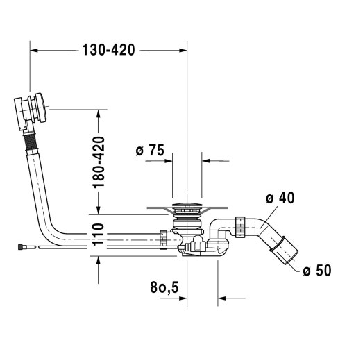 Immagine di Duravit QUADROVAL colonna di scarico con troppopieno con erogazione dalla piletta per vasche senza idromassaggio finitura cromo 791226000000000
