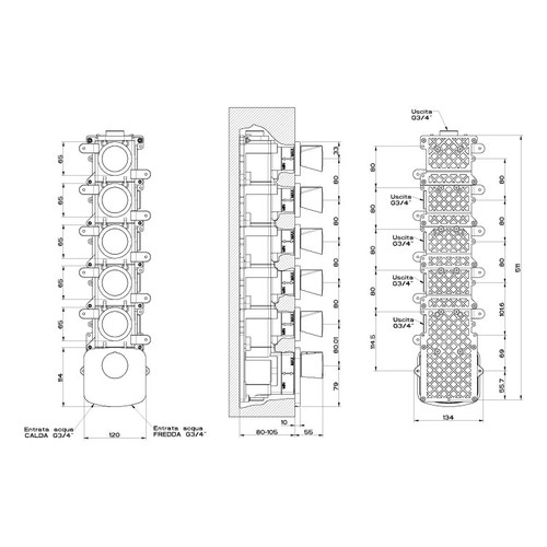 Immagine di Gessi CONO miscelatore incasso termostatico alta portata, attacchi da 3/4", installazione verticale/ orizzontale a cinque uscite indipendenti, finitura cromo 45240#031