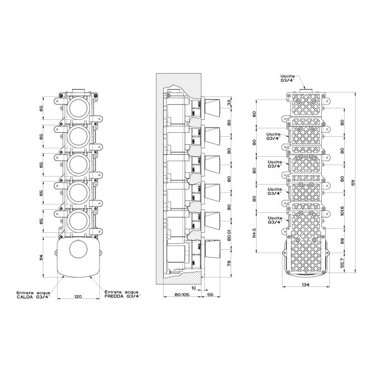 Immagine di Gessi CONO miscelatore incasso termostatico alta portata, attacchi da 3/4", installazione verticale/ orizzontale a cinque uscite indipendenti, colore nero finitura opaco 45240#299