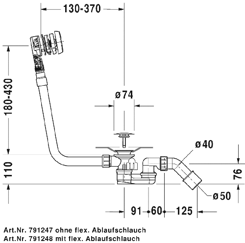Immagine di Duravit QUADROVAL colonna di scarico con troppopieno con erogazione dal troppopieno per vasche con bordo sottile con tubo di scarico flessibile finitura cromo  791248000000000