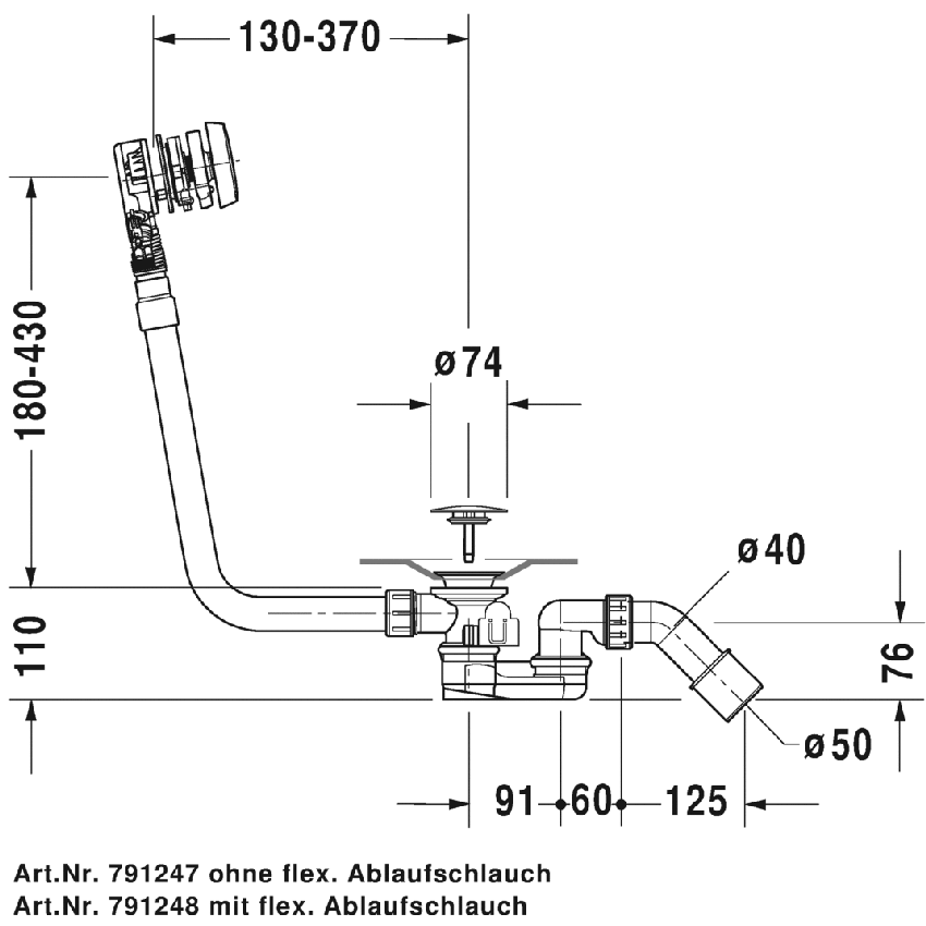Immagine di Duravit QUADROVAL colonna di scarico con troppopieno con erogazione dal troppopieno per vasche con bordo sottile con tubo di scarico flessibile finitura cromo  791248000000000