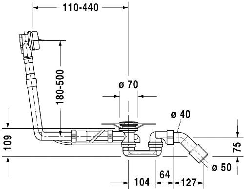 Immagine di Duravit QUADROVAL colonna di scarico con troppopieno per vasche con scarico centrale diametro dello scarico 52 mm finitura cromo 790293000000000