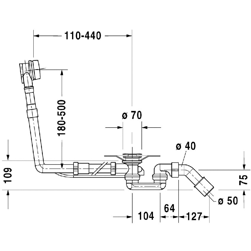 Immagine di Duravit QUADROVAL colonna di scarico con troppopieno per vasche con scarico centrale diametro dello scarico 52 mm finitura cromo 790293000000000