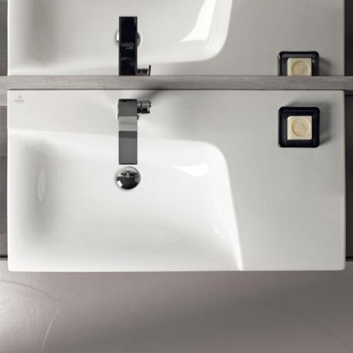 Immagine di Geberit XENO² lavabo asimmetrico L.90 cm, monoforo, senza troppopieno, con ripiano da appoggio a destra, colore bianco finitura KeraTect 500.533.01.1