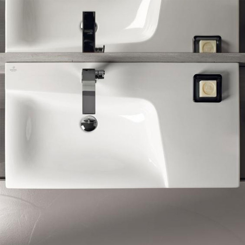 Immagine di Geberit XENO² lavabo asimmetrico L.90 cm, monoforo, senza troppopieno, con ripiano da appoggio a destra, colore bianco finitura KeraTect 500.533.01.1