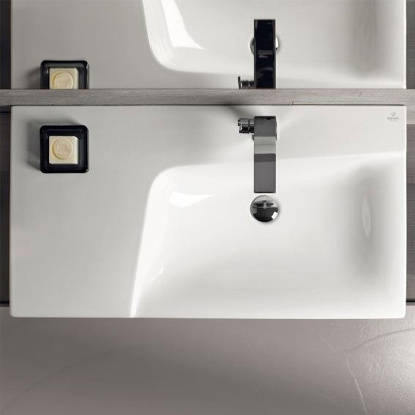 Immagine di Geberit XENO² lavabo asimmetrico L.90 cm, monoforo, senza troppopieno, con ripiano da appoggio a sinistra, colore bianco finitura KeraTect 500.535.01.1
