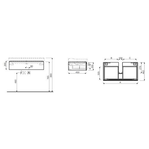 Immagine di Geberit XENO² mobile sottolavabo sospeso L.90 cm, con sifone a sinistra, con un cassettone e con sistema di apertura a pressione, colore grigio finitura opaco 500.513.00.1