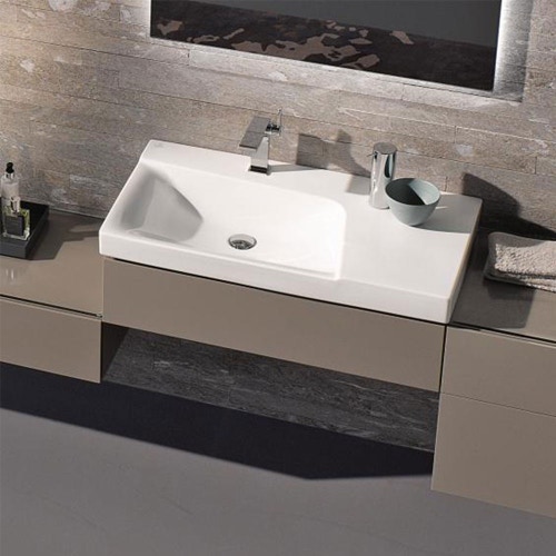 Immagine di Geberit XENO² mobile sottolavabo sospeso L.90 cm, con sifone a sinistra, con un cassettone e con sistema di apertura a pressione, colore grigio finitura opaco 500.513.00.1