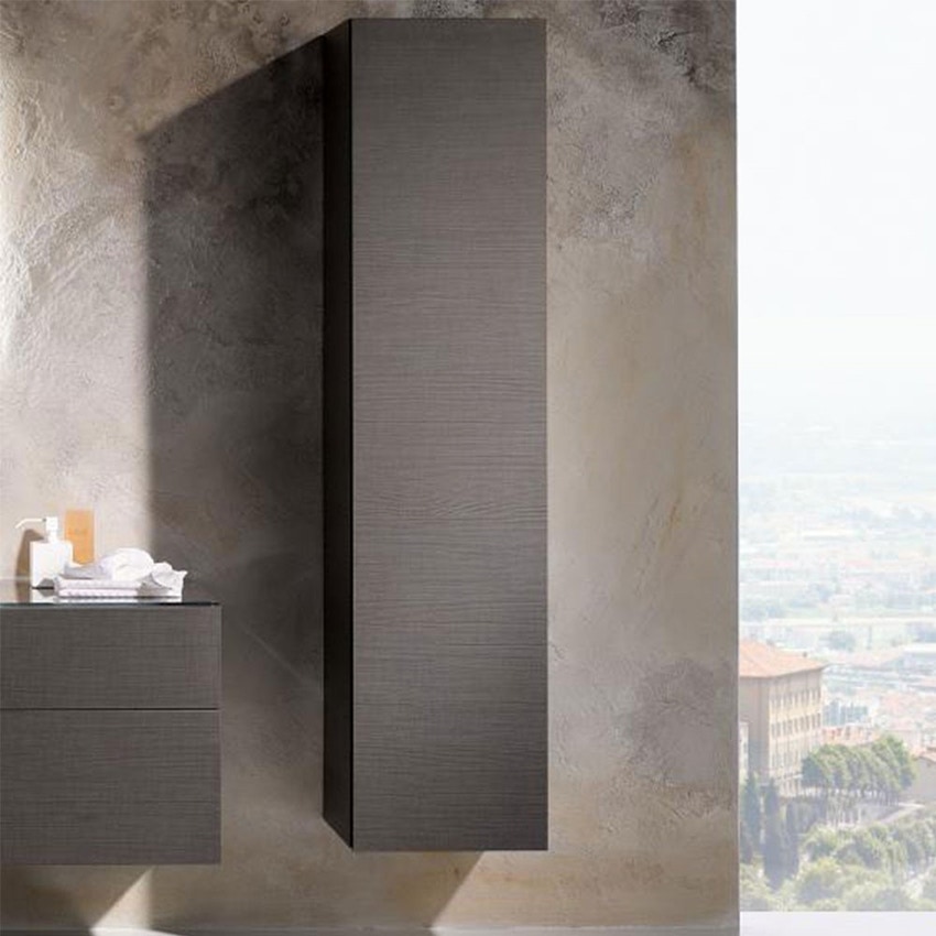 Immagine di Geberit XENO² set con mobile sottolavabo sospeso, colore bianco finitura lucido + mobili contenitori laterali e colonna sospesi, finitura rovere grigio texturizzato + lavabo monoforo, colore bianco + specchio con illuminazione 500.505.01.1-500.530.01.1