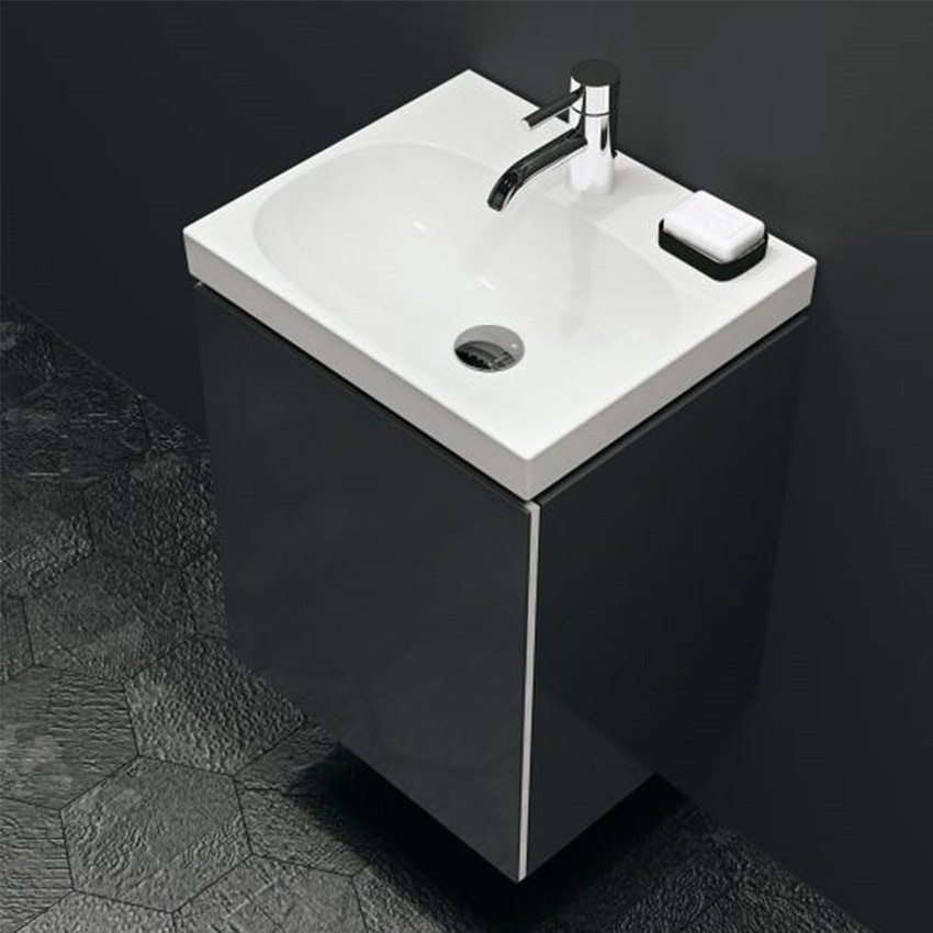 Immagine di Geberit ACANTO mobile sottolavabo sospeso per lavamani L.45 cm, con un'anta, corpo colore nero finitura opaco, ante colore nero finitura vetro lucido 500.608.16.1