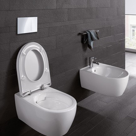 Immagine di Geberit ICON set sanitari sospesi, vaso senza brida, con sedile a chiusura ammortizzata, bidet monoforo con troppopieno, colore bianco finitura lucido 500.809.00.1-234000000