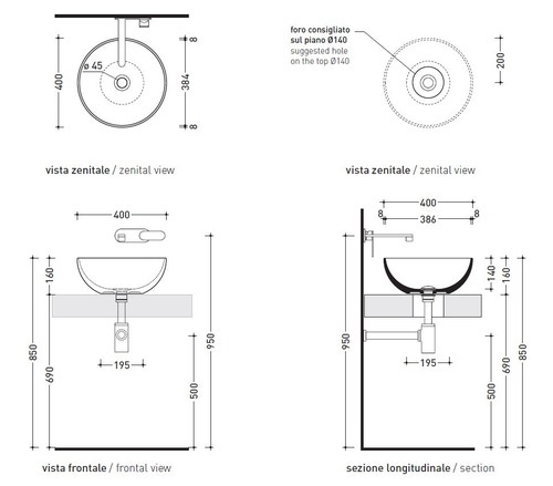 Immagine di Flaminia APP 40 lavabo rotondo da appoggio 40 cm, colore carbone finitura opaco AP40ACAR