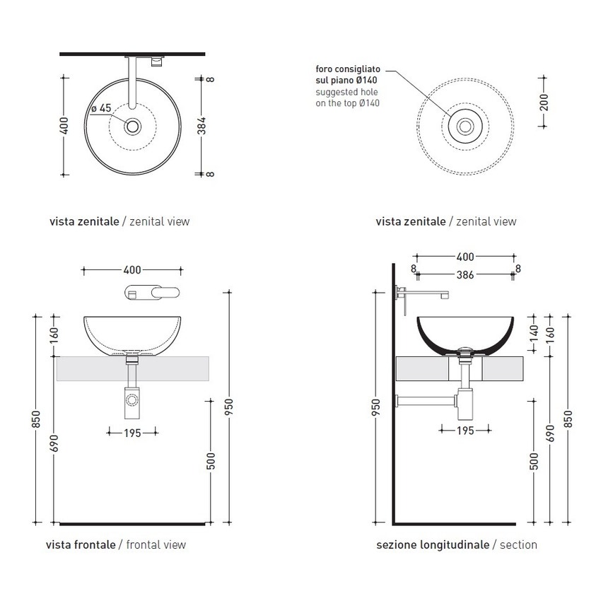 Immagine di Flaminia APP 40 lavabo rotondo da appoggio 40 cm, colore bianco finitura lucido AP40A