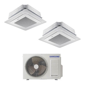 Immagine di Samsung Cassetta 4 vie Mini Windfree R32 Climatizzatore a cassetta dual split inverter bianco | unità esterna 5 kW unità interne 7000+12000 BTU AJ050TXJ2KG/EU+AJ0[20|35]TNNDKG/EU