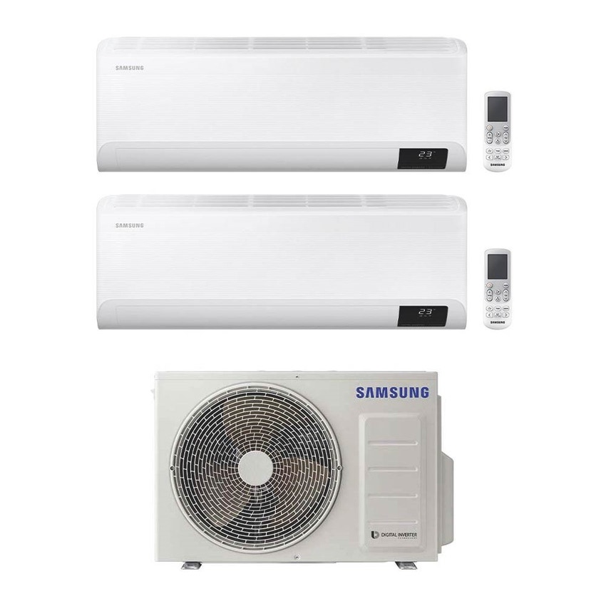Immagine di Samsung CEBU Wi-Fi R32 Climatizzatore a parete dual split inverter Wi-Fi bianco | unità esterna 5 kW unità interne 7000+12000 BTU AJ050TXJ2KG/EU+AR[20|35]TXFYAWKNEU