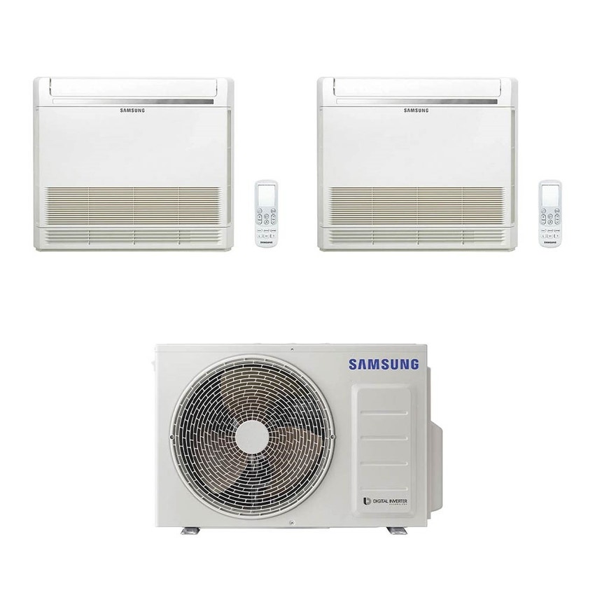 Immagine di Samsung CONSOLE R32 Climatizzatore a pavimento dual split inverter bianco | unità esterna 5 kW unità interne 9000+12000 BTU AJ050TXJ2KG/EU+AJ0[26|35]TNJDKG/EU