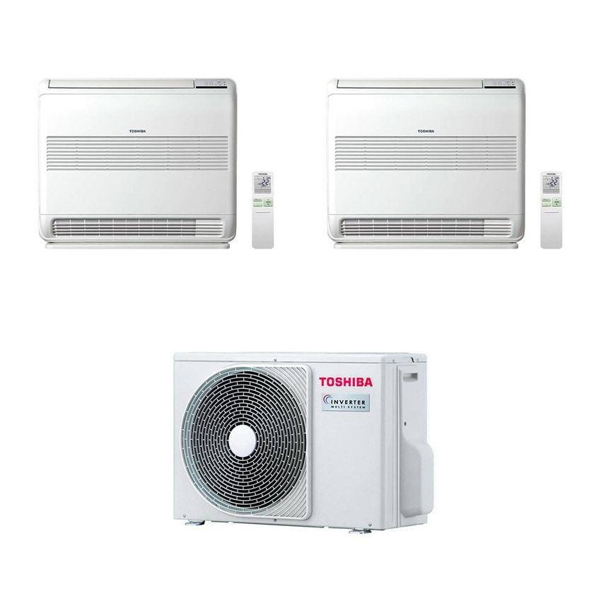 Immagine di Toshiba Console R32 Climatizzatore a pavimento dual split inverter bianco | unità esterna 5.2 kW unità interne 10000+13000 BTU RAS-2M18U2AVG-E+RAS-B[25|35]J2FVG-E
