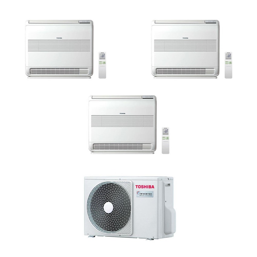 Immagine di Toshiba Console R32 Climatizzatore a pavimento trial split inverter bianco | unità esterna 5.2 kW unità interne 10000+10000+13000 BTU RAS-3M18U2AVG-E+RAS-B[25|25|35]J2FVG-E