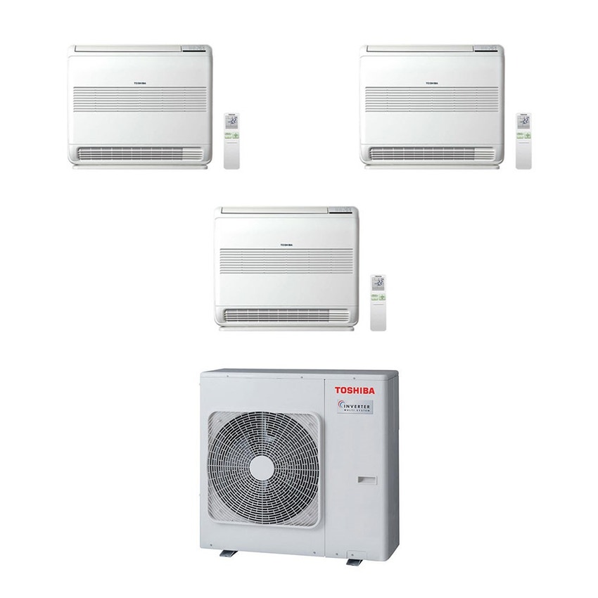 Immagine di Toshiba Console R32 Climatizzatore a pavimento trial split inverter bianco | unità esterna 7.5 kW unità interne 10000+18000+18000 BTU RAS-3M26U2AVG-E+RAS-B[25|50|50]J2FVG-E