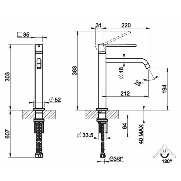 Immagine di Gessi QUADRO HI TEC miscelatore monocomando con corpo girevole per lavello finitura cromo 16701#031