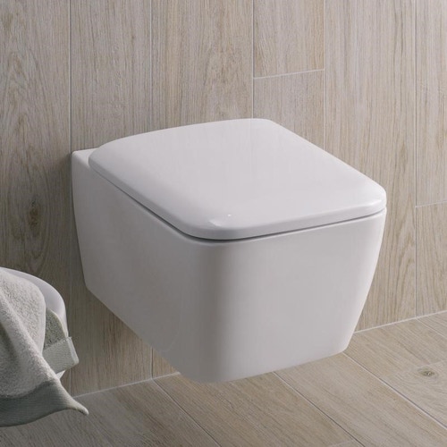 Immagine di Geberit ICON SQUARE set sanitari sospesi, vaso senza brida, con sedile a chiusura ammortizzata, bidet monoforo con troppopieno, colore bianco finitura lucido 500.807.00.1-231910000