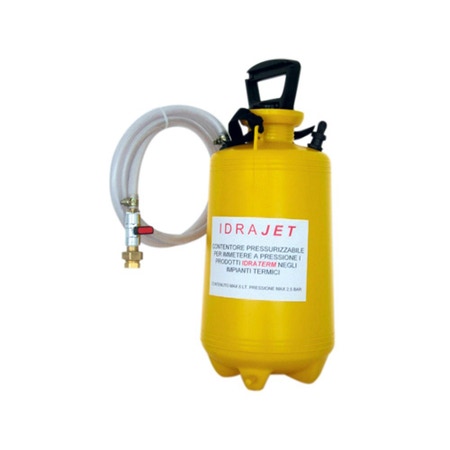 Immagine di Foridra IDRAJET contenitore in materiale plastico termosaldato da 6 litri con sistema di pressurizzazione fino a 2.5 bar, con tubazione e rubinetto per il caricamento dei prodotti IDRATERM in impianto IDRAJET