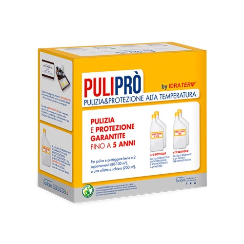 Immagine di Foridra PULIPRÒ pacchetto composto da IDRATERM P100 + IDRATERM 800 per pulire e proteggere un impianto di riscaldamento ad alta temperatura da 200 litri PULIP