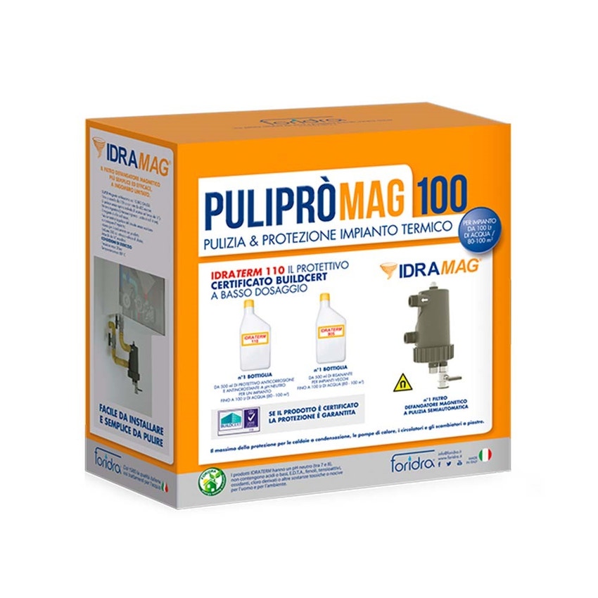 Immagine di Foridra PULIPRÒ MAG 100 K pacchetto composto da IDRATERM 110 + IDRATERM 805 + filtro defangatore magnetico IDRAMAG per pulire e proteggere un impianto da 100 litri PULIPM1K