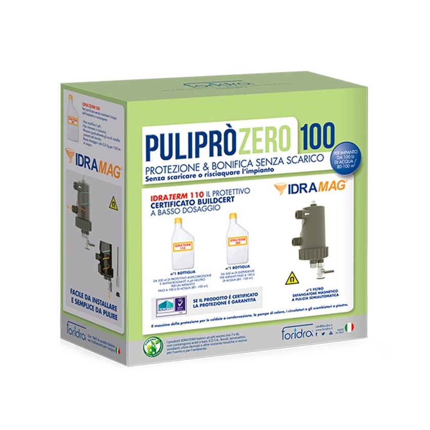 Immagine di Foridra PULIPRÒ ZERO 100 K pacchetto composto da IDRATERM 110 + IDRATERM 300 + filtro defangatore magnetico IDRAMAG per bonificare e proteggere un impianto da 100 litri a scarico zero PULIPZ1K