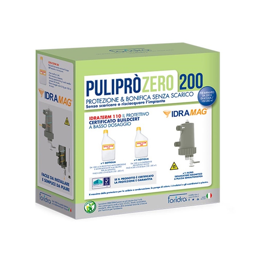 Immagine di Foridra PULIPRÒ ZERO 200 K pacchetto composto da IDRATERM 110 + IDRATERM 300 + filtro defangatore magnetico IDRAMAG per bonificare e proteggere un impianto da 200 litri a scarico zero PULIPZ2K