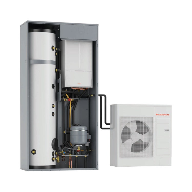 Immagine di Immergas Kit MAGIS COMBO 4 PLUS V2 R32 con SUPER TRIO Pompa di calore ibrida reversibile con gruppo idronico, per impianti fino a due zone 3.030615+3.030395+3.030599