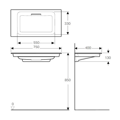 Immagine di Geberit ONE lavabo L.75 cm, per mobile sottolavabo, scarico orizzontale, senza foro per rubinetteria, con troppopieno nascosto, colore bianco finitura KeraTect con cover piletta finitura cromo 500.391.01.1