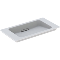Immagine di Geberit ONE lavabo L.75 cm, per mobile sottolavabo, scarico orizzontale, senza foro per rubinetteria, con troppopieno nascosto, colore bianco finitura KeraTect con cover piletta bianco lucido 500.391.01.3
