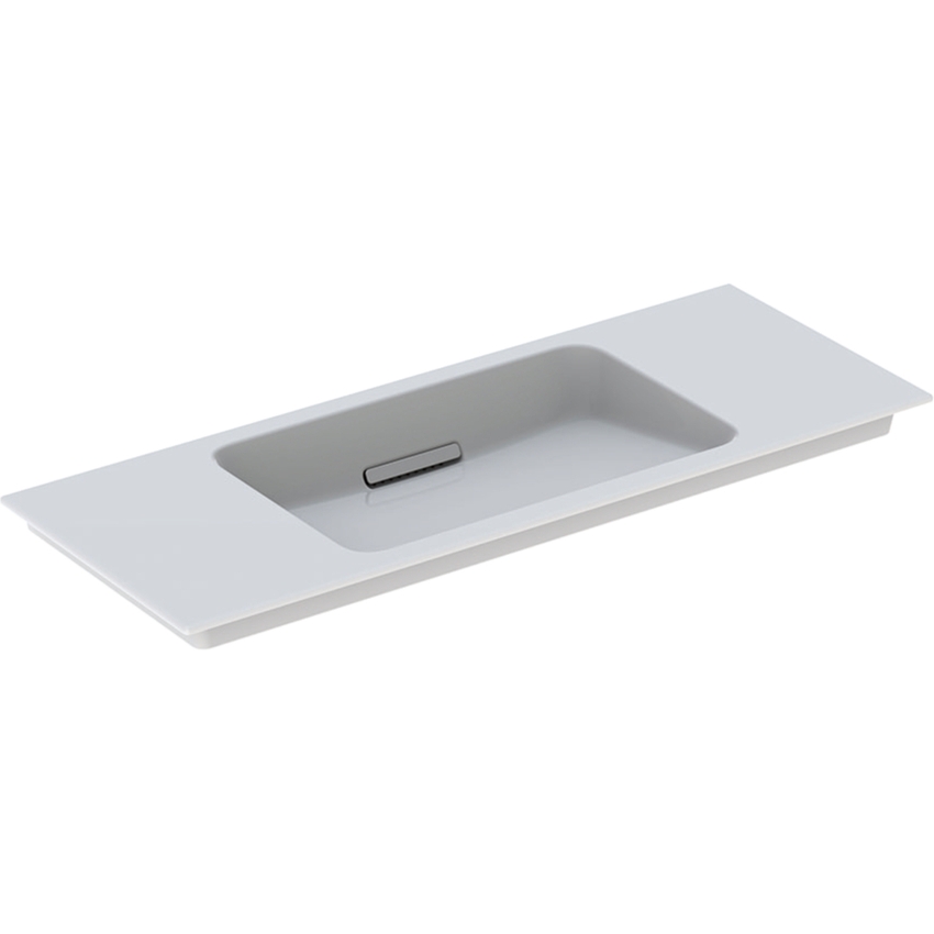 Immagine di Geberit ONE lavabo L.90 cm, per mobile sottolavabo, scarico orizzontale, senza foro per rubinetteria, con troppopieno nascosto, colore bianco finitura KeraTect con cover piletta cromo spazzolato 500.395.01.2