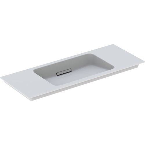 Immagine di Geberit ONE lavabo L.105 cm, per mobile sottolavabo, scarico orizzontale, senza foro per rubinetteria, con troppopieno nascosto, colore bianco finitura KeraTect con cover piletta cromo spazzolato 500.396.01.2