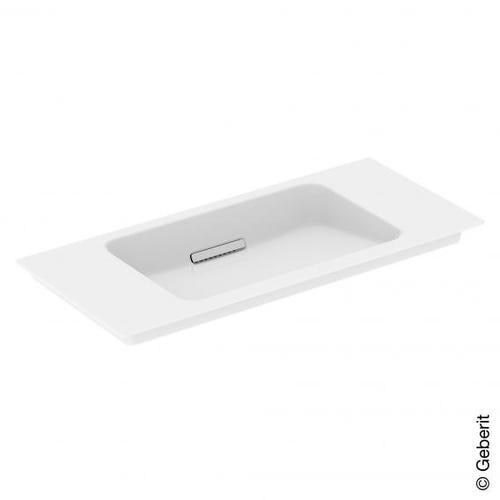 Immagine di Geberit ONE lavabo L.75 cm, per mobile sottolavabo, scarico orizzontale, senza foro per rubinetteria, con troppopieno nascosto, colore bianco finitura KeraTect con cover piletta cromo spazzolato 500.391.01.2