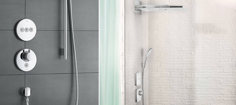 Miscelatori doccia Hansgrohe ShowerSelect in un bagno bianco e nero