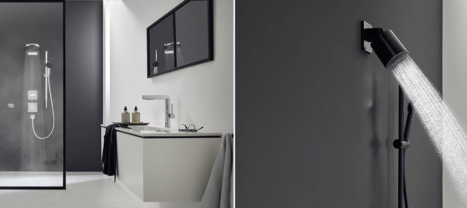Componenti doccia Hansgrohe Pulsify in un bagno grigio