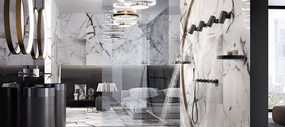 Bagno con pareti in marmo arredato con serie Gessi 316