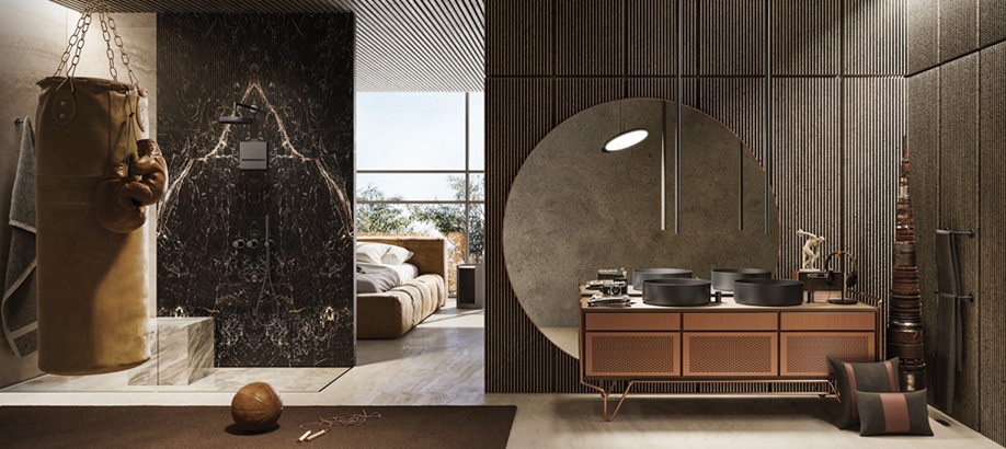 Rubinetti Gessi Ingranaggio in un bagno nero moderno