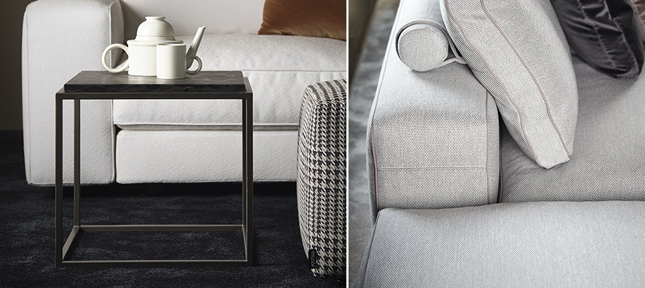 Dettagli rivestimento e tavolino divano Mussi Sinfonia