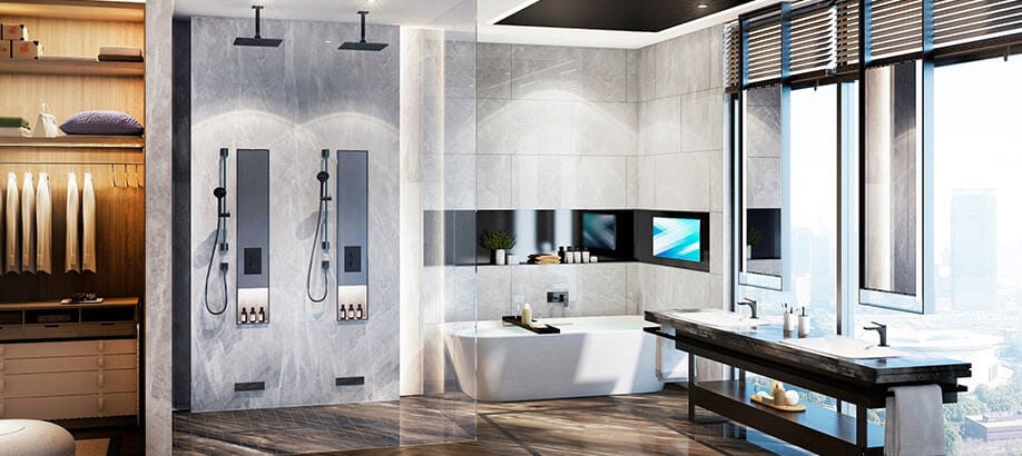 Bagno bianco arredato con rubinetti Gessi Rilievo