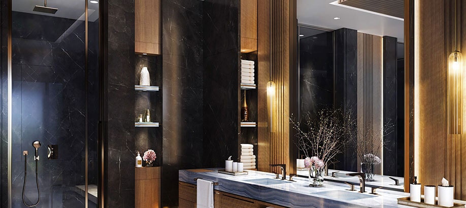 Bagno elegante con rubinetti moderni Gessi Rilievo