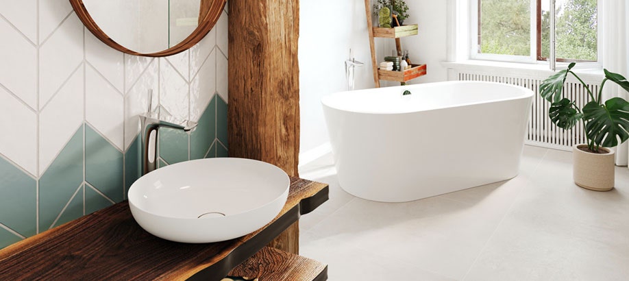 Lavabo Miena Kaldewei e vasca freestanding in un bagno moderno
