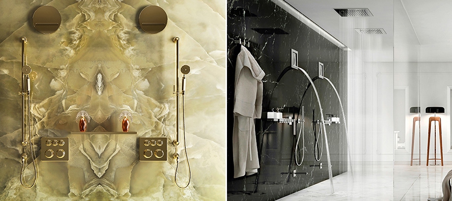 Miscelatori Gessi Hi-Fi per docce in un bagno moderno