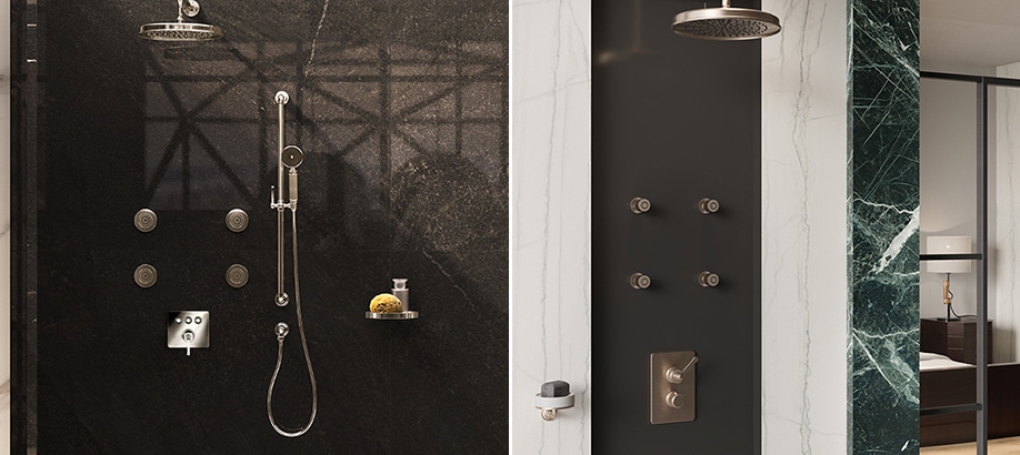 Miscelatori Gessi Hi-Fi in una doccia nera